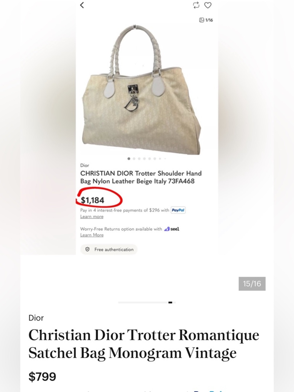 Christian Dior Vintage Trotter‎ Romantique Satchel Bag Monogram Beige COA-Posh - Picture 13 of 14